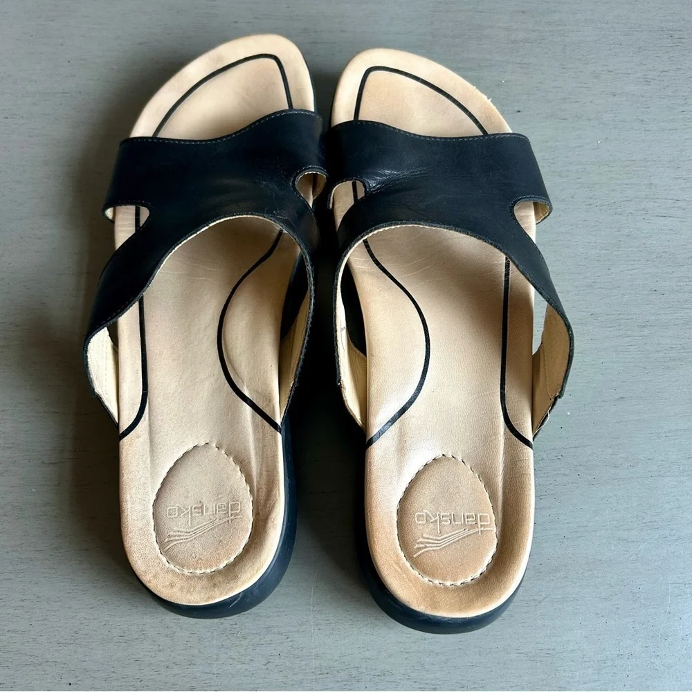 Dankso Women Leather Sandals Slide EU 38 US 7.5/8 Black Slip On Open Toe Strappy